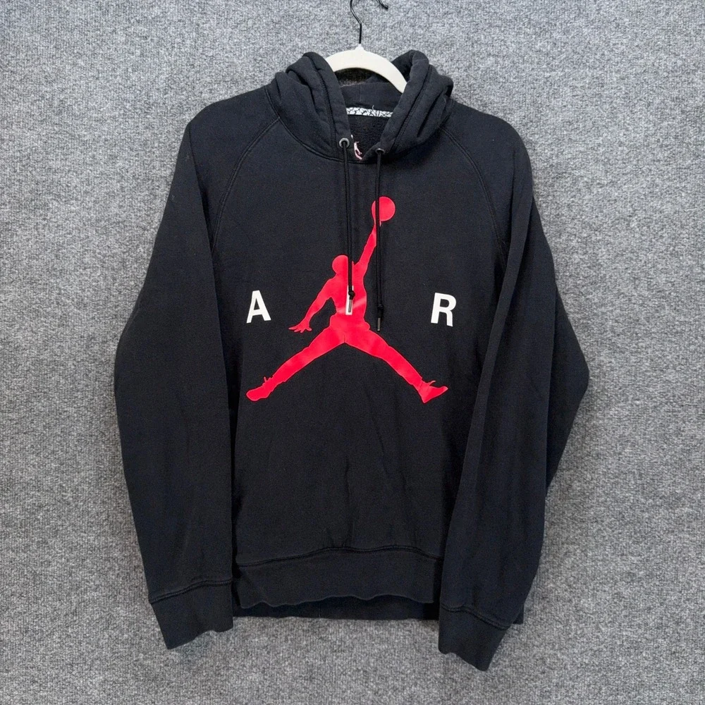 Jordan Hoodie Mens Medium Black Red Jumpman Graphic Fleece Pullover Sweatshirt